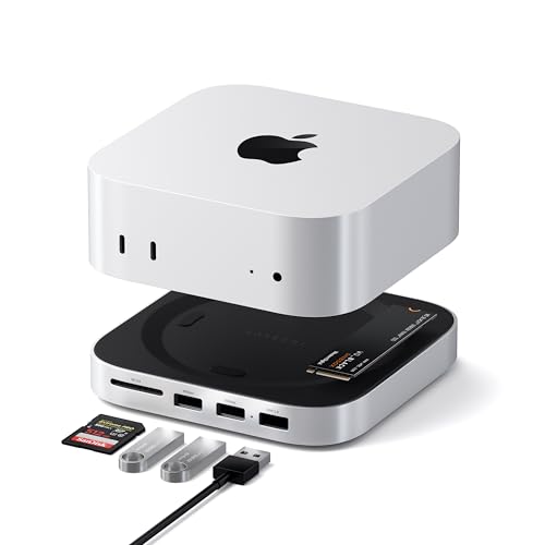 SATECHI Mac Mini M4 Hub & Soporte con Carcasa SSD NVMe, Dock en Aluminio con 2X Puertos USB-A 10 Gbps, 1x USB-A 480 Mbps, Lector SD y Ventilación Optimizada, para Mac Mini M4 y Pro